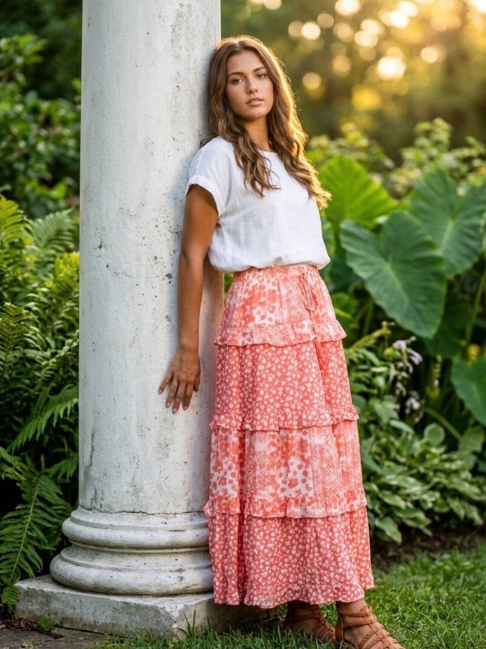 H265 NWT Main Strip M15-20 Coral Tiered Maxi Skirt